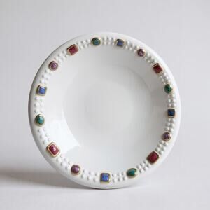 Signed MARYSE BOXER Italy  White Ceramic Bowl with Jeweled Rim Border 15inches